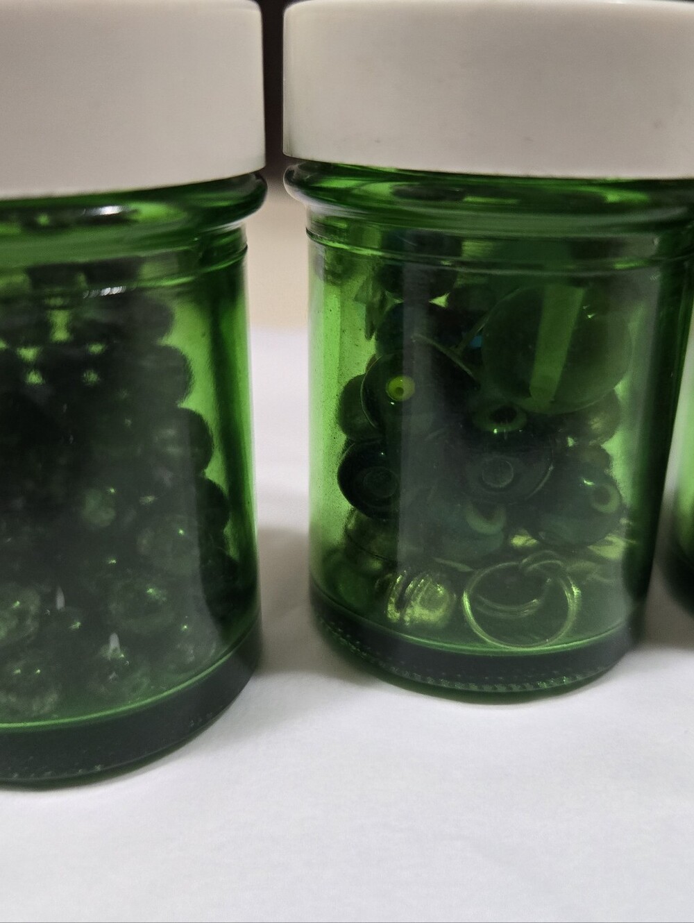 Vintage Forest Green Glass Apothecary Jars Set of 4 with Assorted Beads, Vintage - Picture 7 of 15